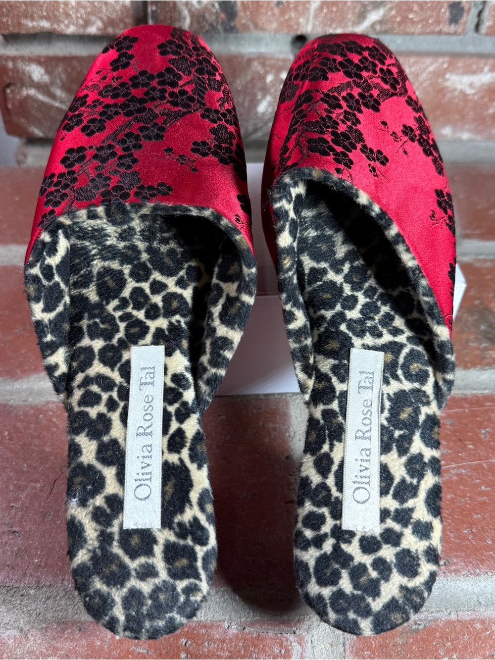 Vintage Olivia Rose Tal Red Floral Burnout Slip-On Mules with Leopard Insole